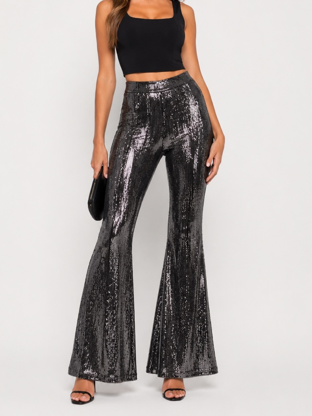 Chelsea & Violet Metallic Flare Pants Silver Black Sequin Disco Party NWT